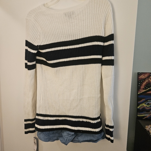 *NWT* AB Studio Black and White Striped Sweater with Denim Size Large - Picture 2 of 3
